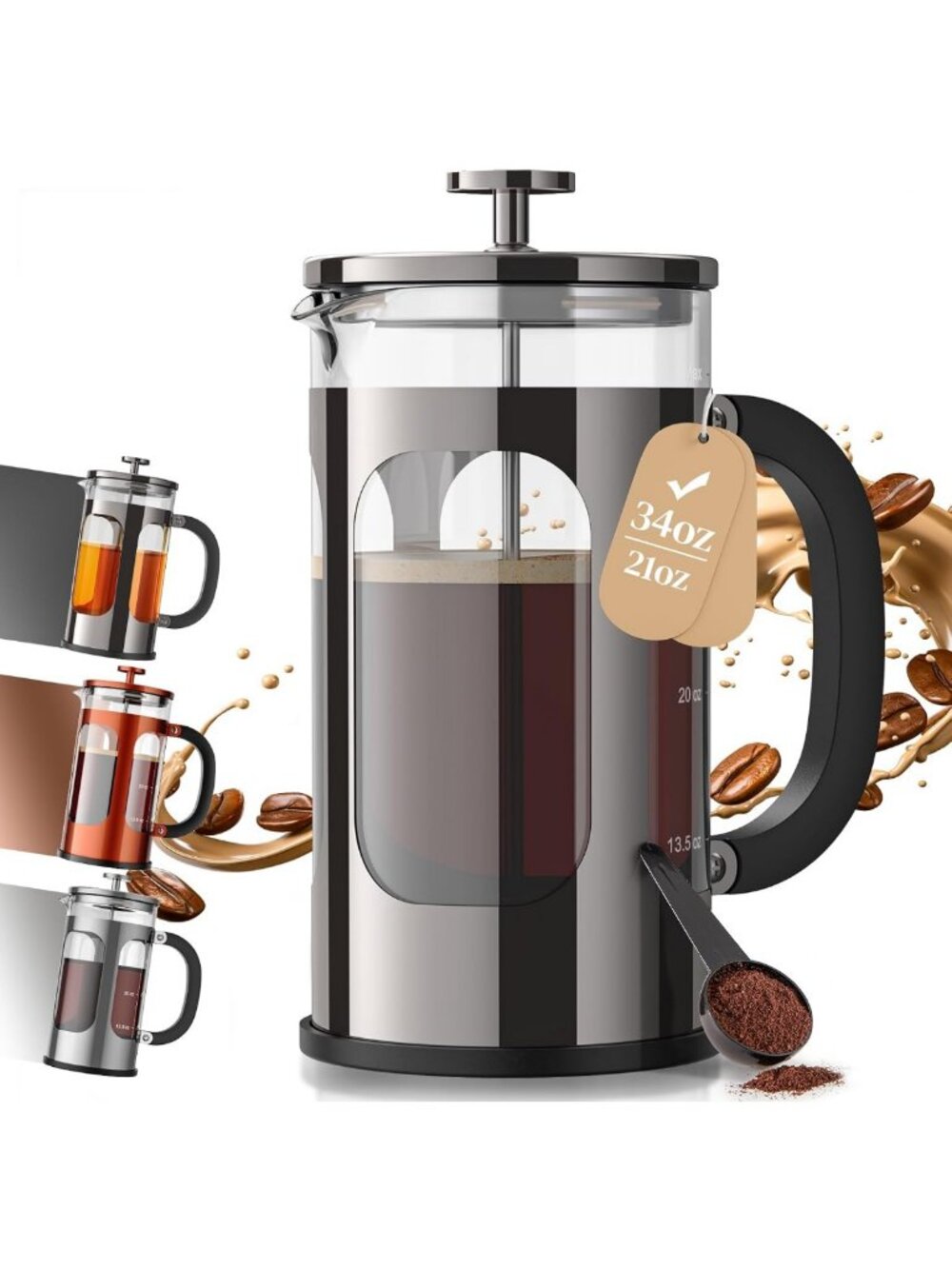Premium 34oz French Press Coffee Maker - No Plastic, Perfect for Cafe-Quality